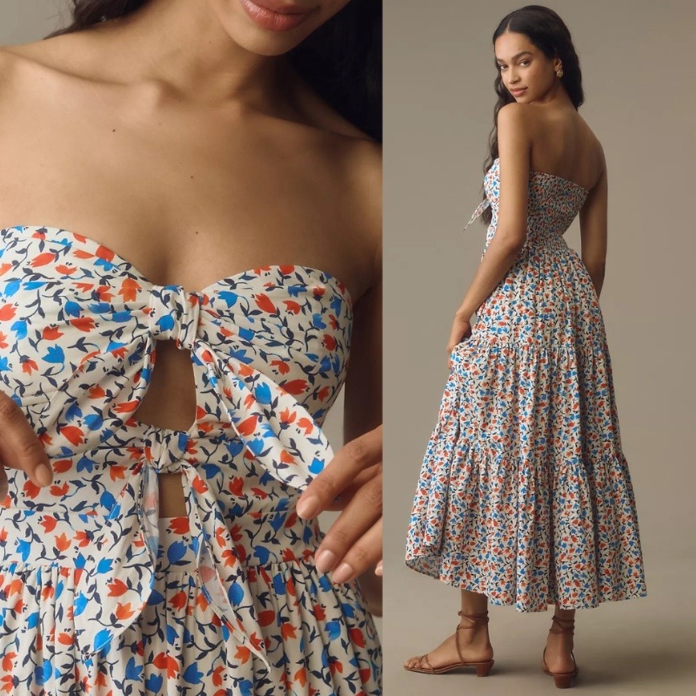 Anthropologie Atsu Floral Strapless Tiered Maxi Dress Blue Orange White Size M - Picture 2 of 8